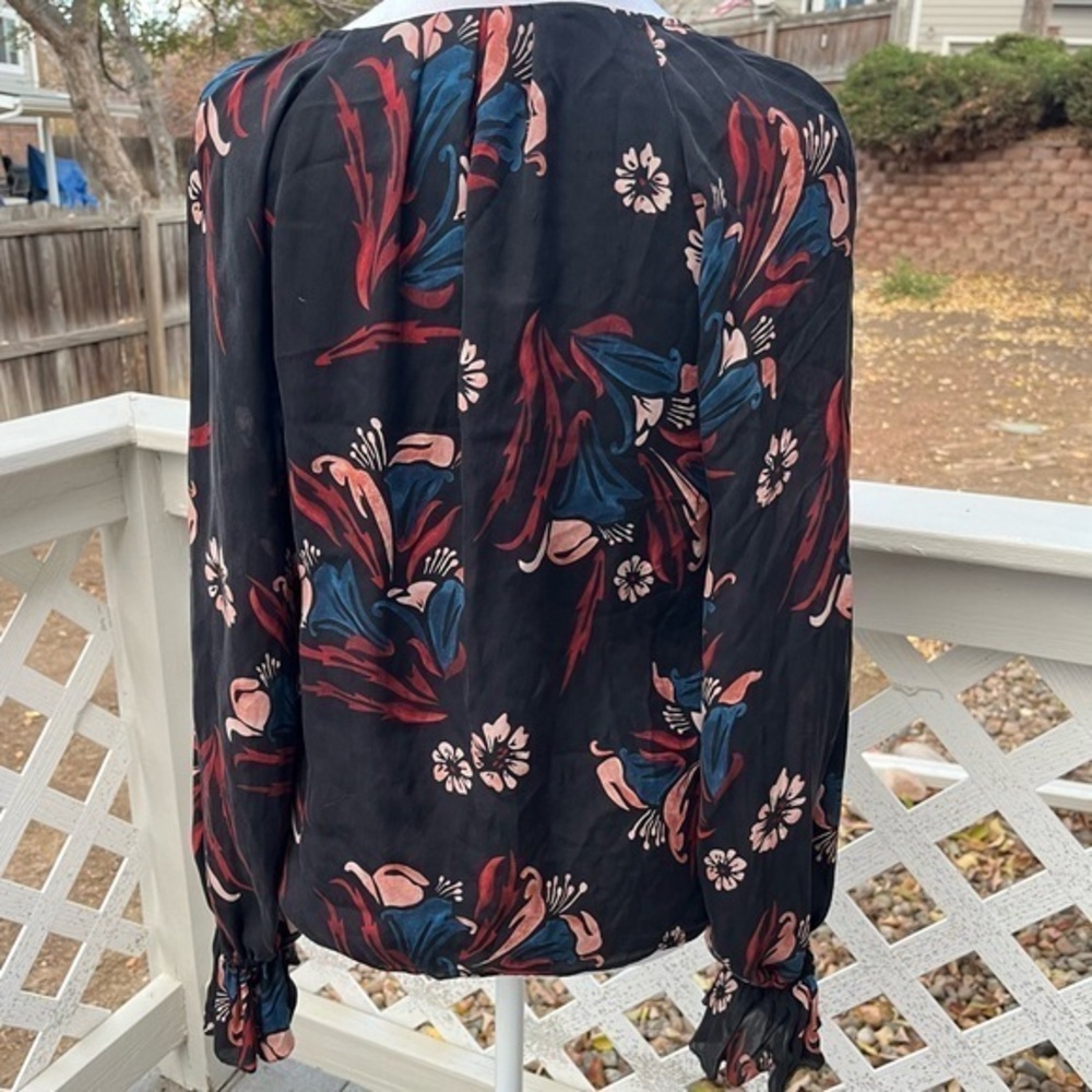 Joie Black Floral Silk Button Up Blouse Top Women Small Elastic Cuff Frill Lined - Picture 3 of 13